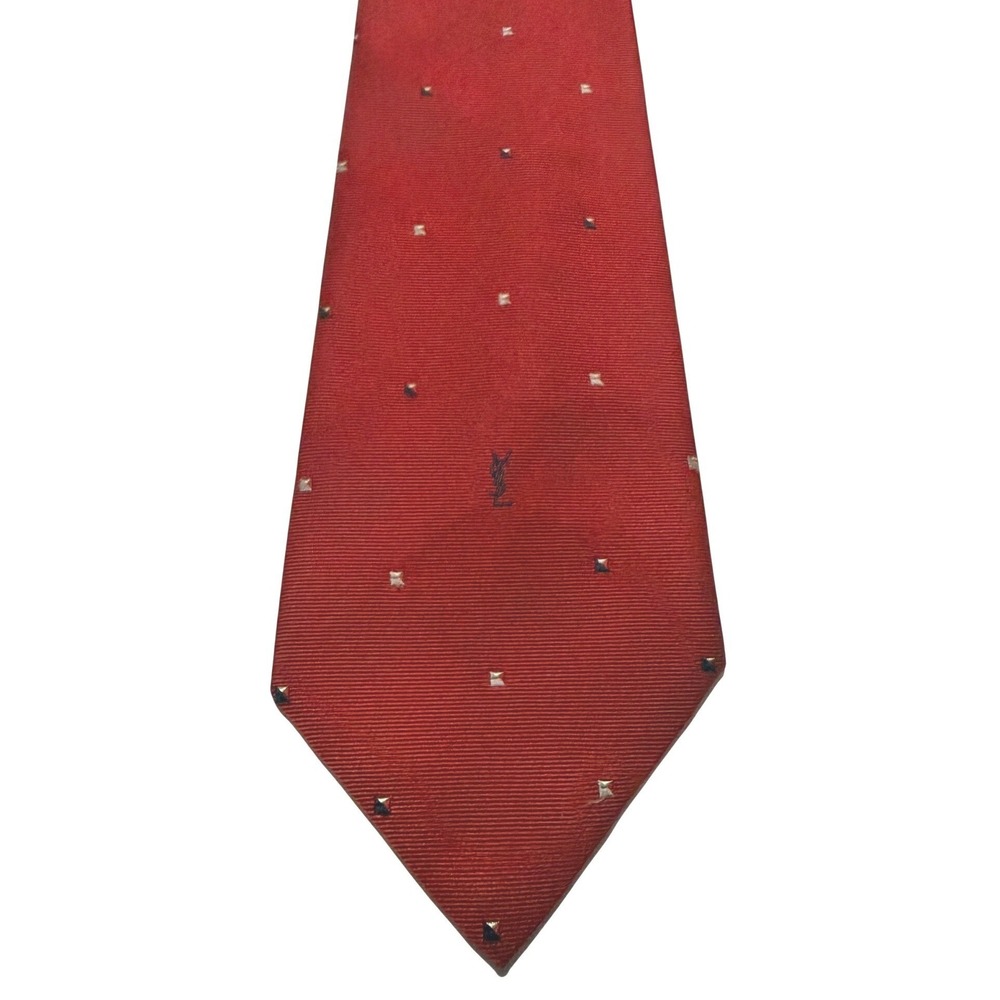 Yves Saint Laurent Necktie Logo Red Geometric Silk Monogram Designer Tie Vintage